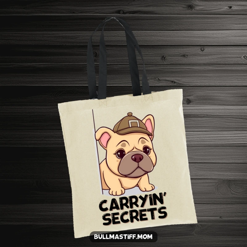 Funny Bullmastiff tote bag featuring a curious dog detective in a tiny hat, perfect for carrying books and gifts.
