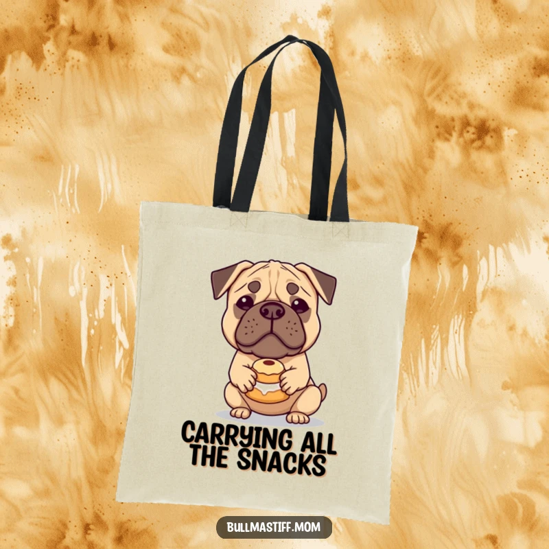 Funny Bullmastiff Tote Bag: A sweet-faced Bullmastiff expertly balances a small pastry, showcasing canine charm and humor for everyday use.