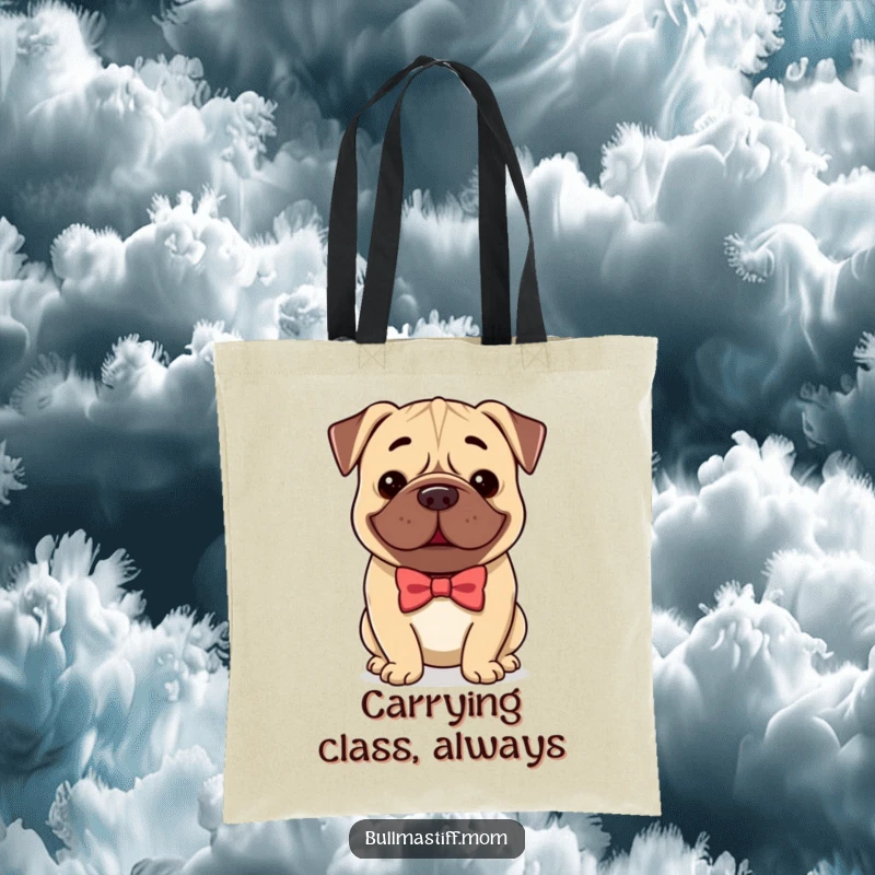 Funny Bullmastiff tote bag featuring a dog with a bow tie, smiling gently, perfect for carrying items stylishly.
