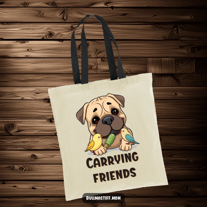Funny Bullmastiff Tote Bag featuring a smiling Bullmastiff sharing a chew toy with a tiny bird, a humorous and heartwarming accessory.