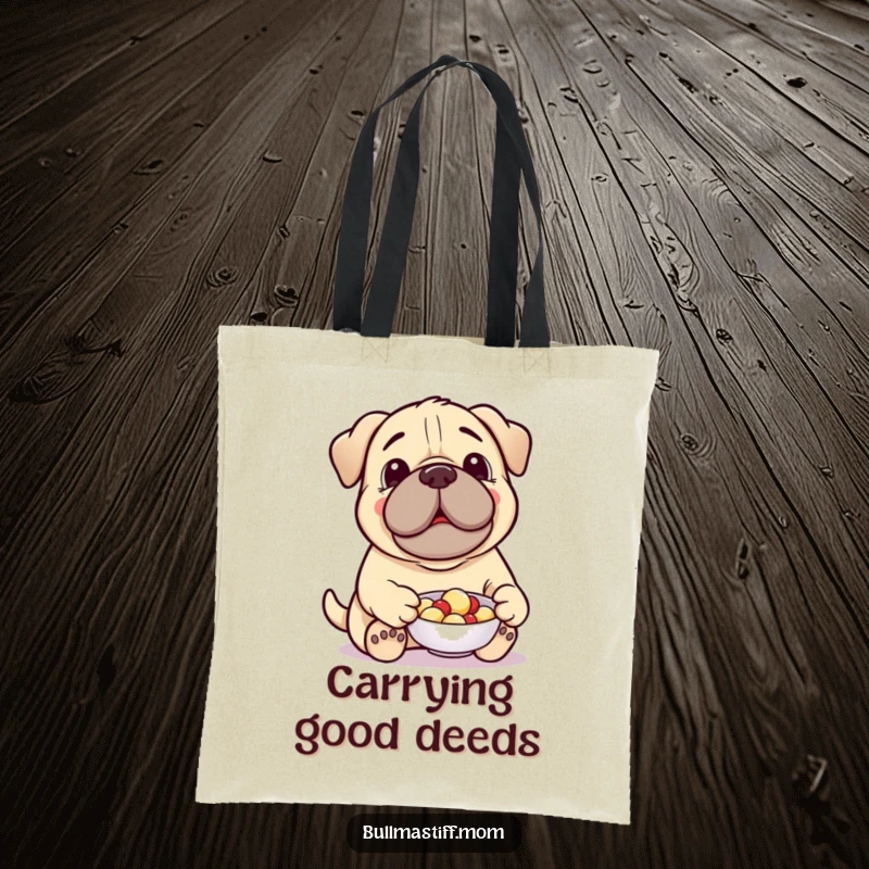 Funny Treat-Giving Bullmastiff Tote Bag: A cheerful Bullmastiff offers a treat from a dish, perfect for carrying items with generous style.
