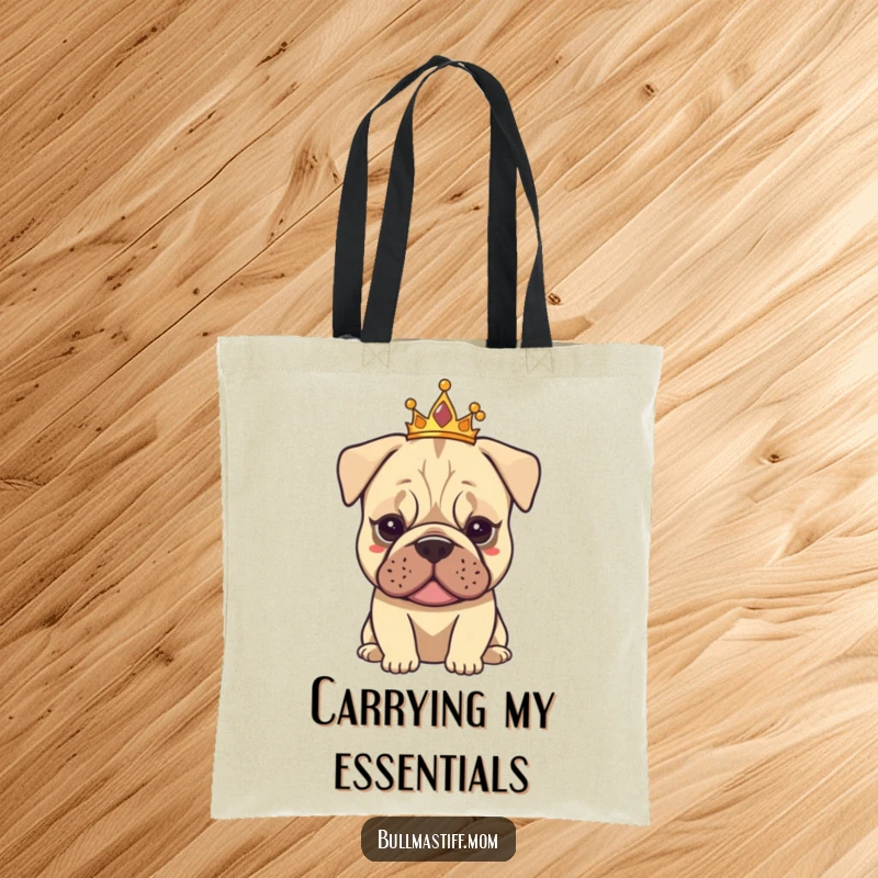 Funny Tiarad Bullmastiff tote bag showcasing a dog wearing a small tiara, embodying calm elegance and functional humor.