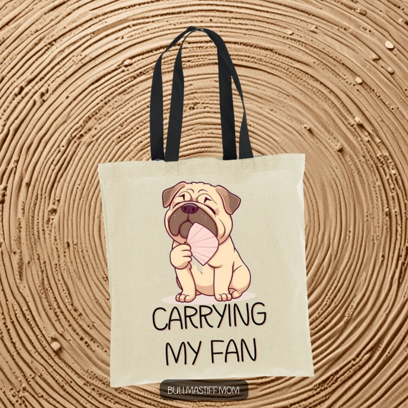 Funny Bullmastiff tote bag depicting a large dog elegantly fanning itself, perfect for stylish everyday use.