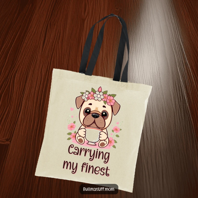 Funny Kawaii Bullmastiff Tote Bag with a cute dog wearing a floral crown and holding a teacup, combining practicality with humorous elegance.