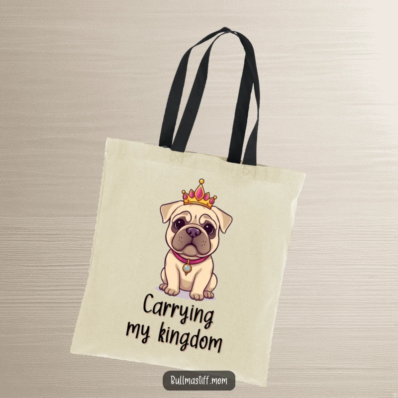 Funny Bullmastiff with a tiara, looking majestic and ready for royal duties on a stylish tote bag.