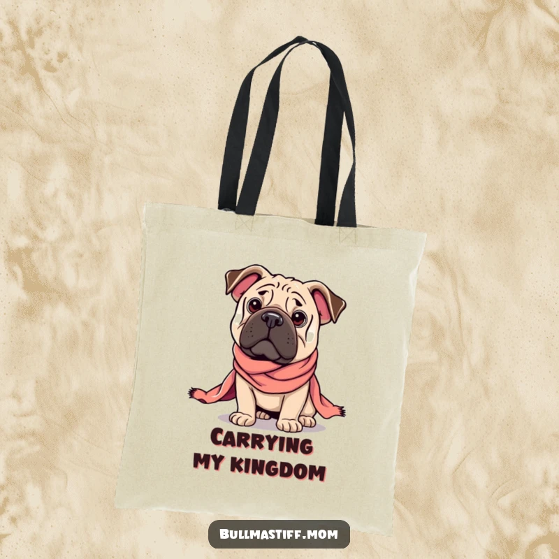 Funny Regal Bullmastiff tote bag showcasing a dog in a regal pose, draped in a silk scarf, ideal for stylish errands.