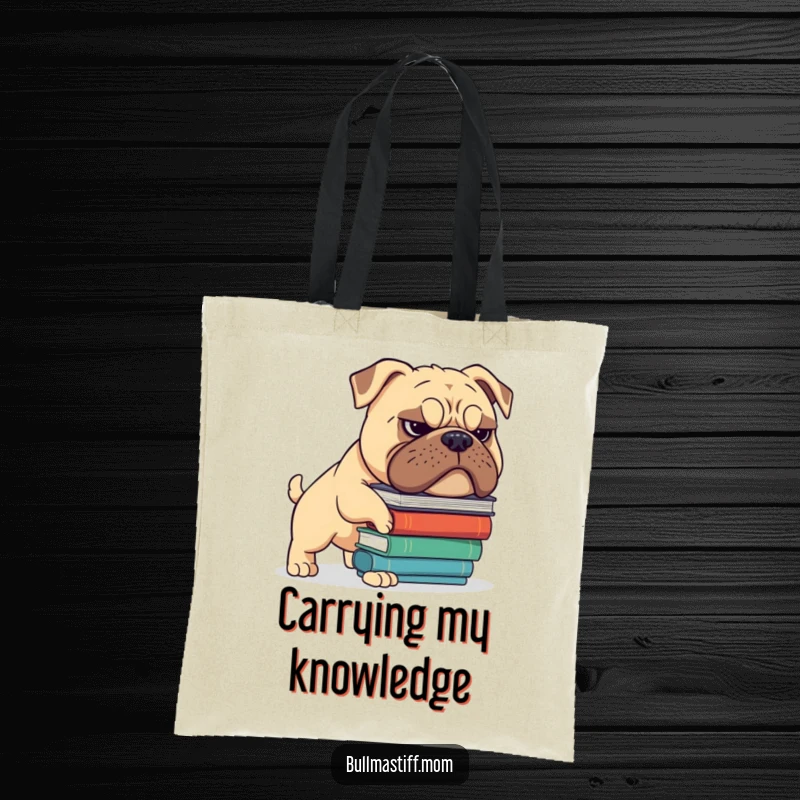Funny Bullmastiff tote bag depicting a dog with a grimace balancing a stack of books, ideal for carrying literary finds. Gift.