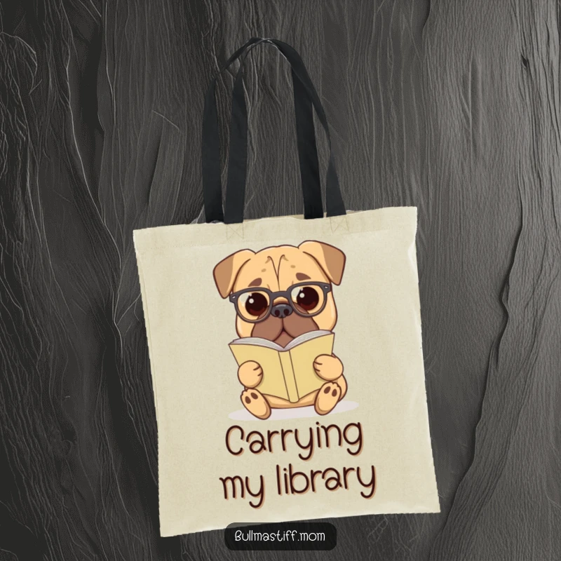 Funny Bullmastiff Tote Bag: A Bullmastiff dog wearing reading glasses is shown appreciating a book.