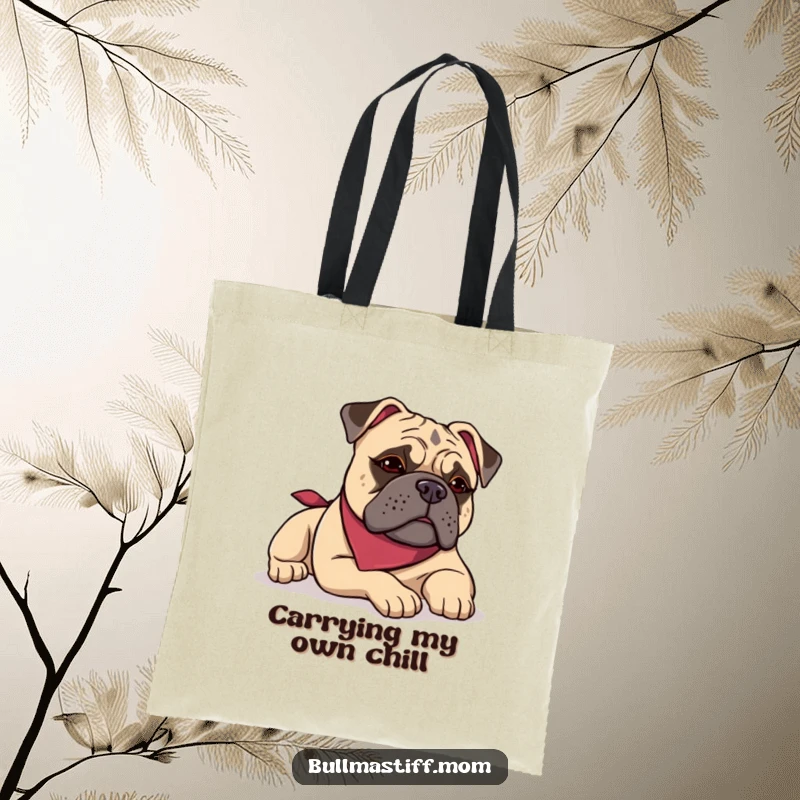 Funny Bullmastiff tote bag showing a dog in a bandana lounging with a satisfied sigh, a spacious and humorous gift.
