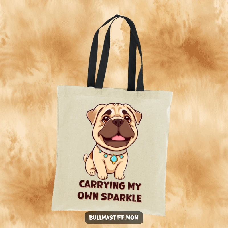 Funny Bullmastiff Pride Tote Bag: A Bullmastiff with a jeweled collar beams with gentle pride, a humorous and regal tote.