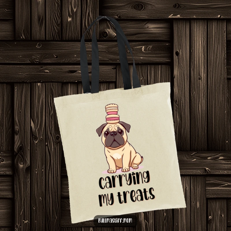 Funny Bullmastiff dog gracefully balancing a stack of macarons on its head, featured on a durable tote bag.