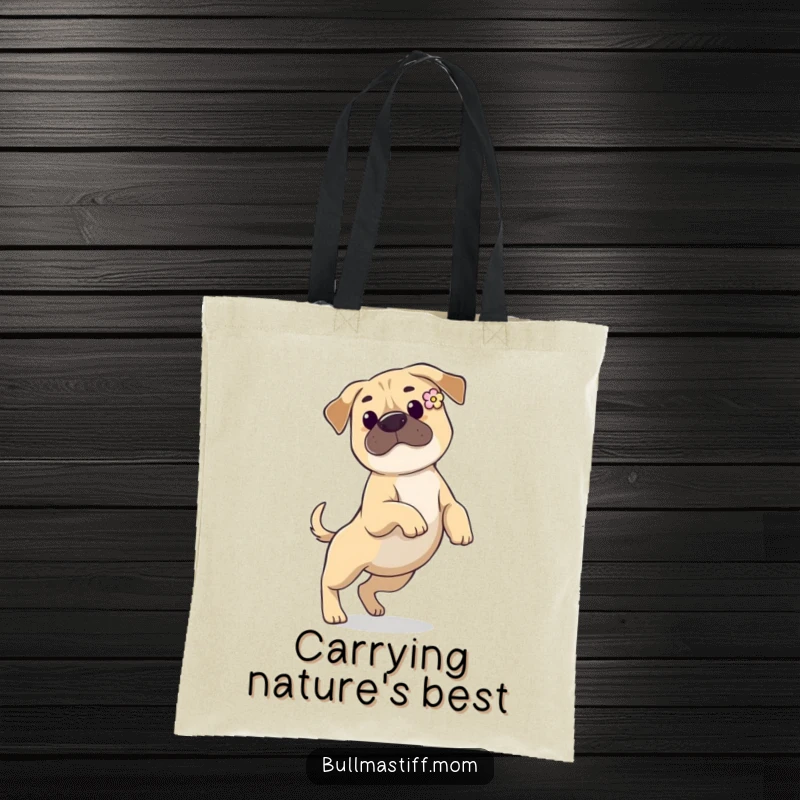 Funny Bullmastiff tote bag showcasing a dog with a flower in its ear, prancing gracefully, ideal for stylish dog lovers.