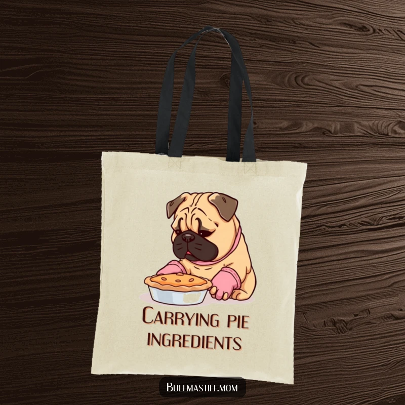 Funny Bullmastiff wearing oven mitts, examining a pie, a humorous tote bag for bakers and dog lovers.