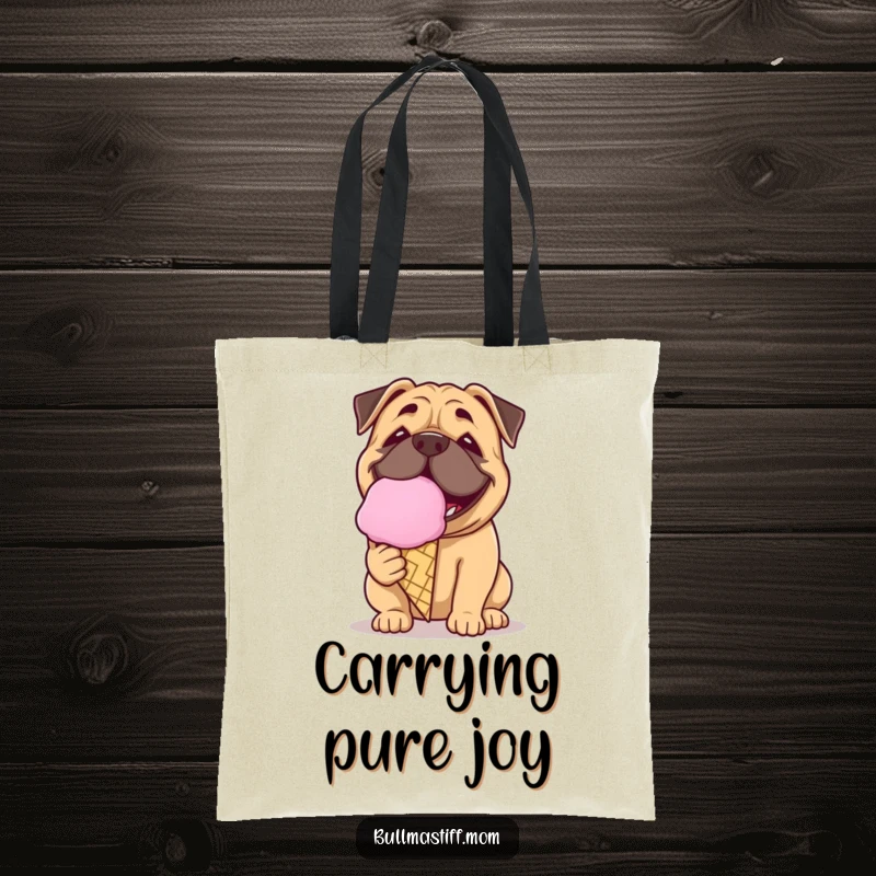 Funny Bullmastiff tote bag showing a dog with a playful grin licking a giant ice cream cone, sweet carryall.
