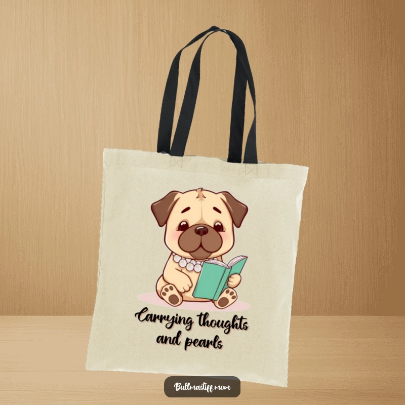 Funny Bullmastiff Tote Bag: A bullmastiff with a pearl necklace is pictured reading, a stylish accessory.