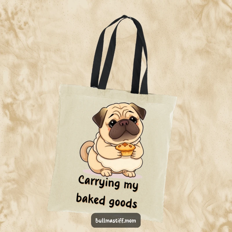 Funny Bullmastiff tote bag depicting a dog in a fluffy apron, carefully holding a tiny pie, perfect for bakers on the go.
