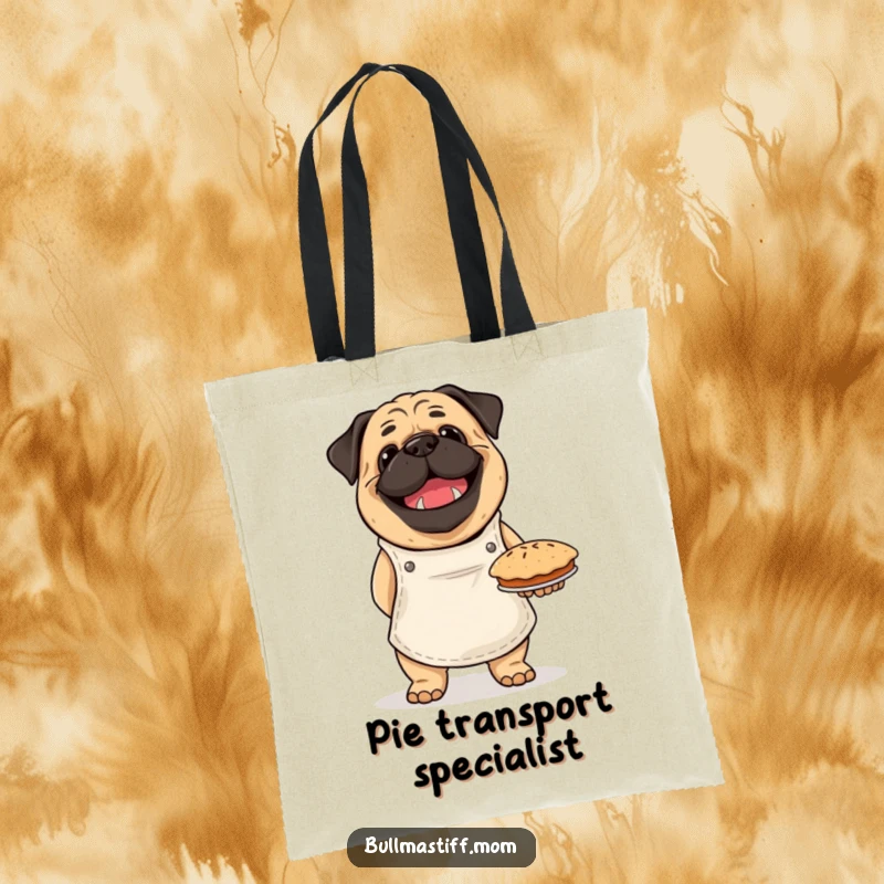 Funny Bullmastiff tote bag depicting a happy dog in an apron, proudly holding a baked pie, perfect for carrying kitchen essentials.