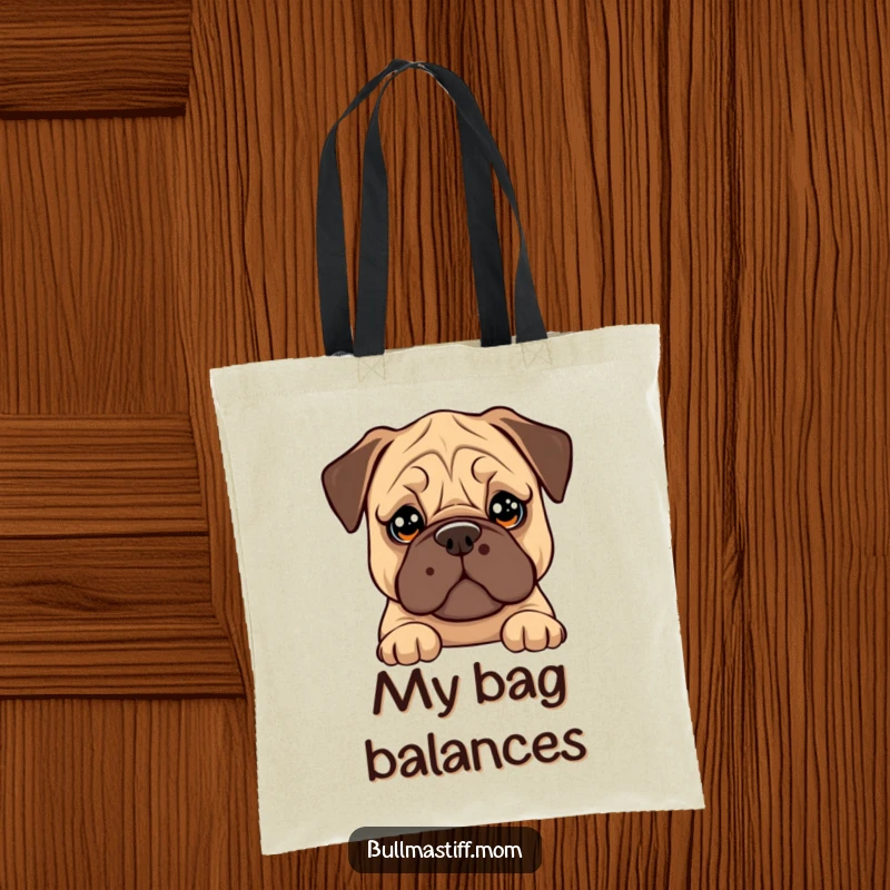 Funny Bullmastiff tote bag showing a dog with big, soulful eyes trying to balance a cookie on its nose.