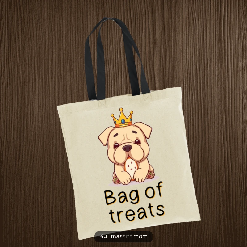 Funny Bullmastiff with a tiny crown, happily consuming a treat, on a humorous tote bag.
