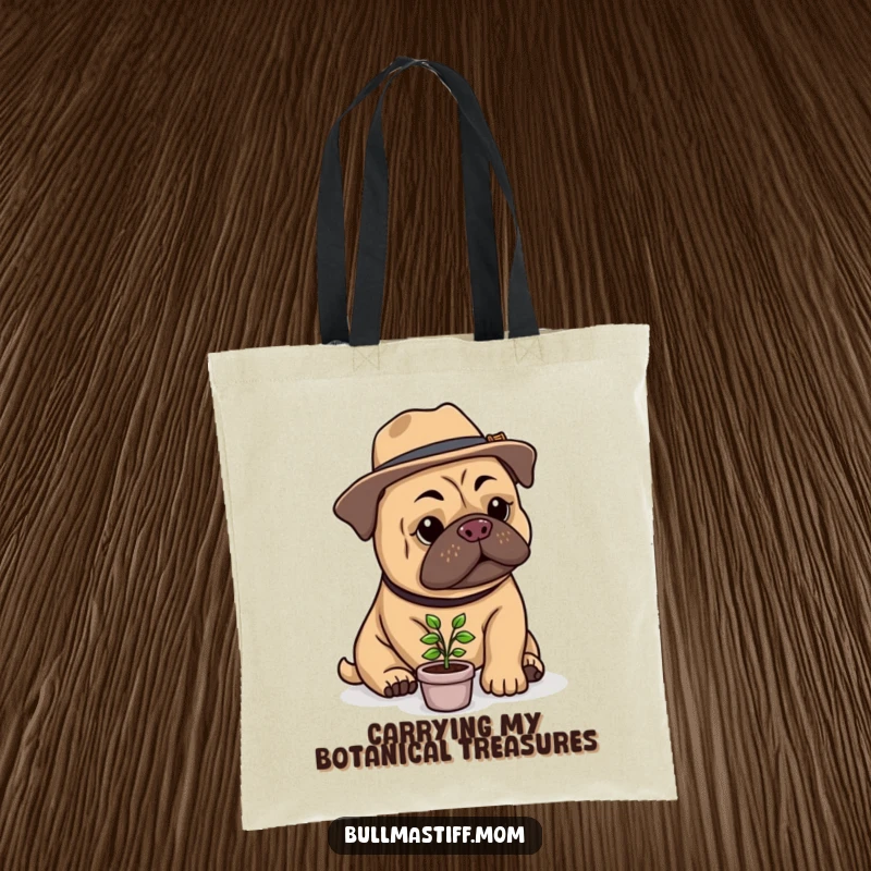 Funny Bullmastiff Gardener Tote Bag: A dapper Bullmastiff wearing a hat nurtures a small plant, showcasing a charming and funny design.