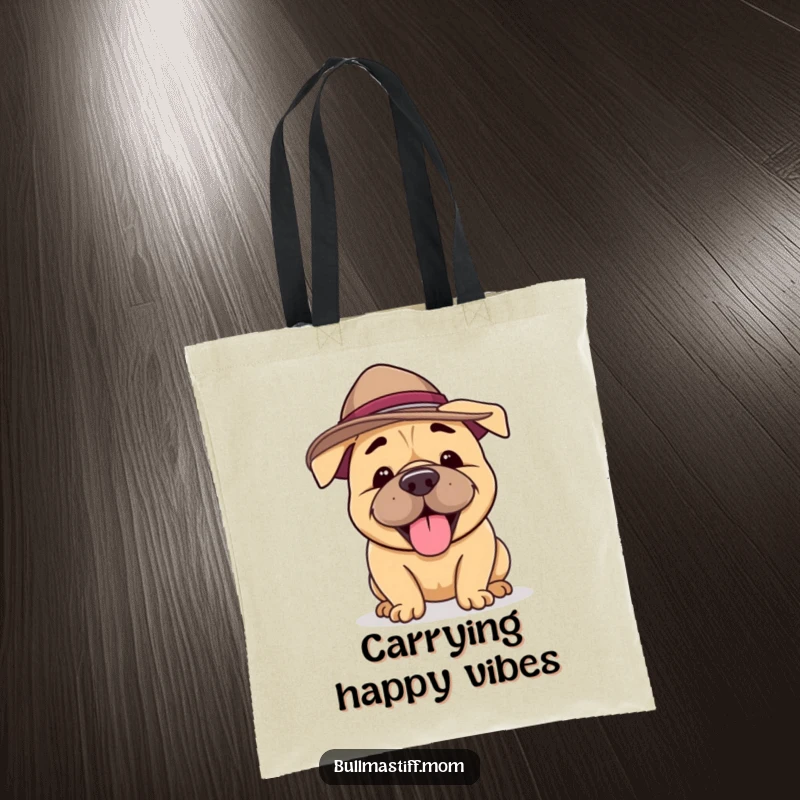 Funny Bullmastiff Tote Bag featuring a happy dog in a silly hat, joyfully barking, perfect for carrying with cheerful humor.