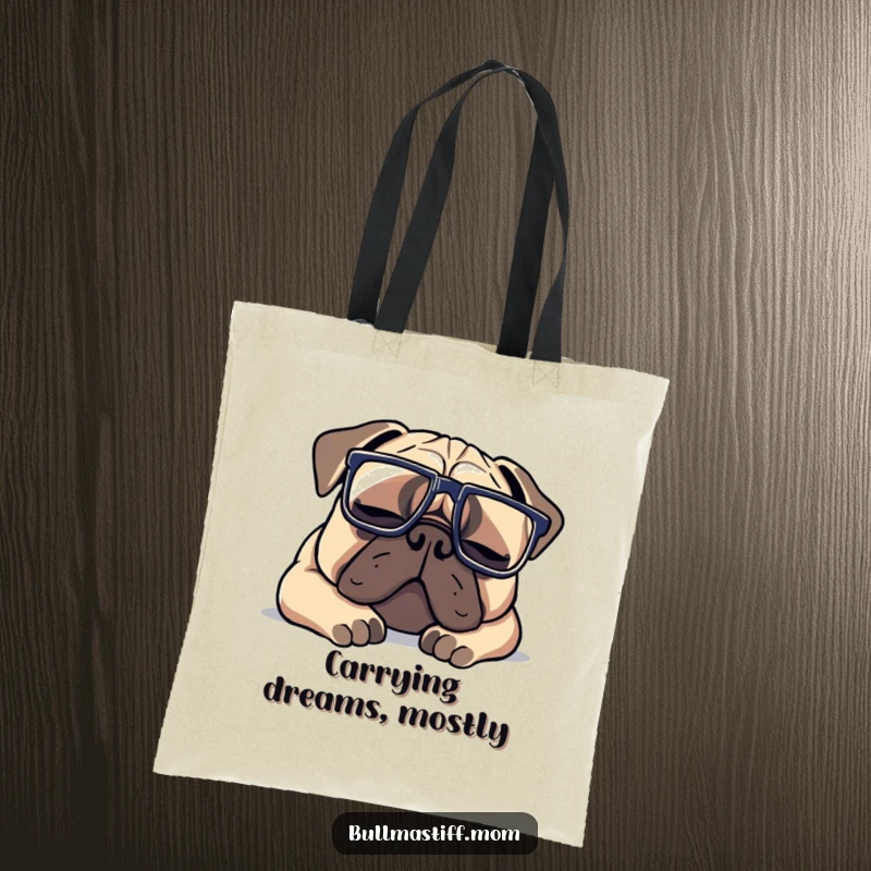 Funny Bullmastiff tote bag with a dog wearing big glasses, depicted in a peaceful nap, ideal for carrying items.