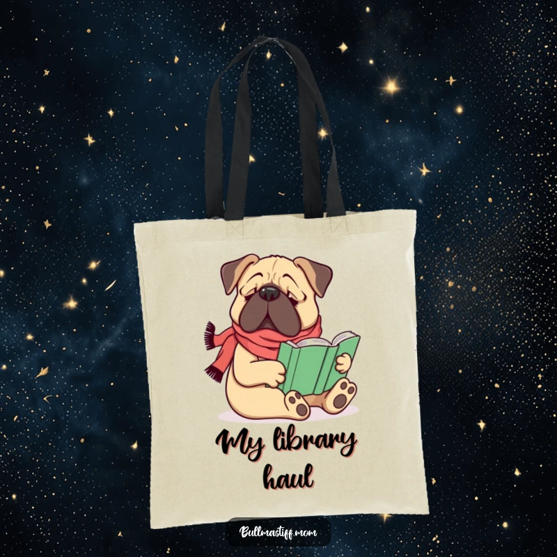 Funny Bullmastiff dog wearing a scarf, comfortably reading a book, on a stylish tote bag, perfect funny gift.
