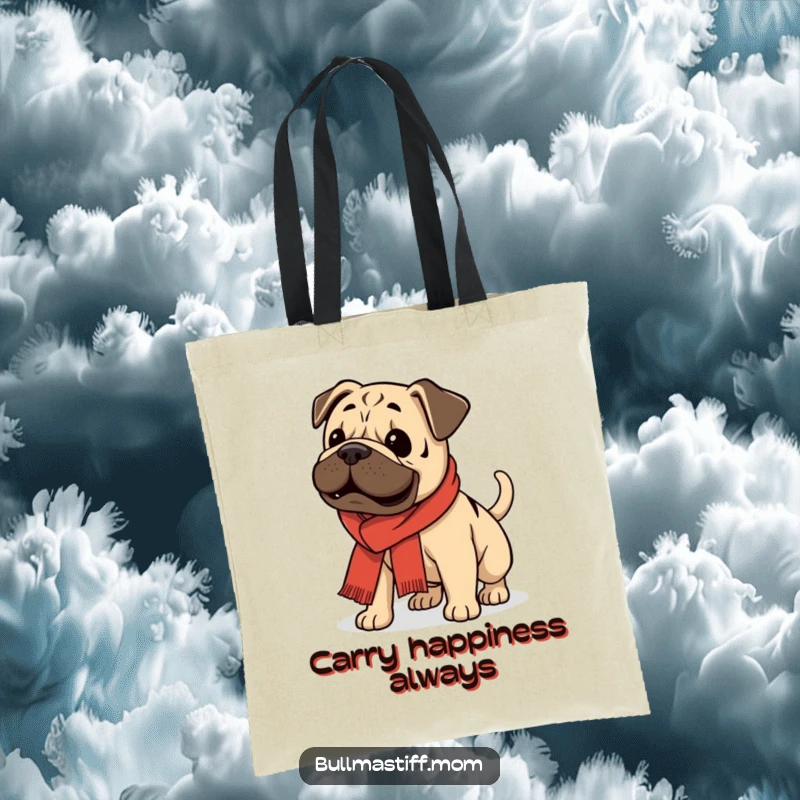 Funny Bullmastiff wearing a scarf, tail wagging energetically, on a practical and cheerful tote bag.