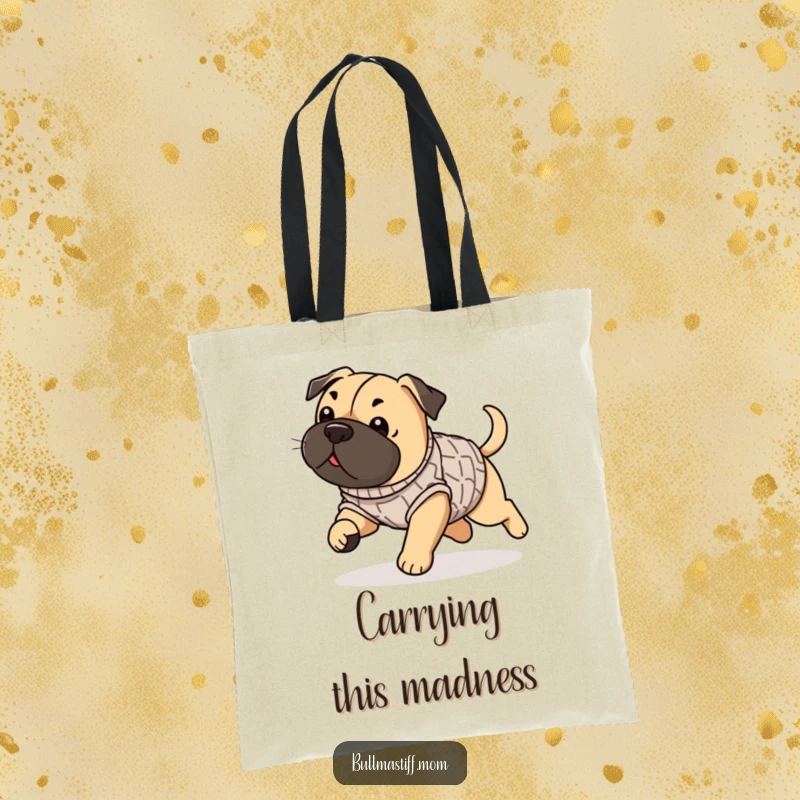Funny Bullmastiff tote bag featuring a dog wearing a sweater, playfully chasing its tail, practical and amusing.
