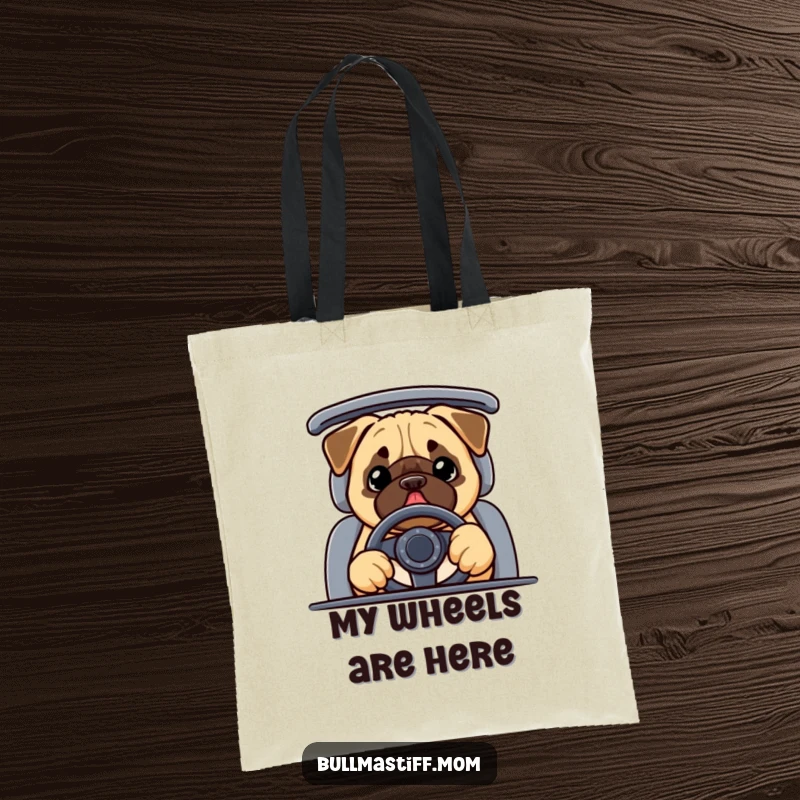 Funny Bullmastiff tote bag with a happy dog wearing a steering wheel, ideal for grocery shopping or daily use.