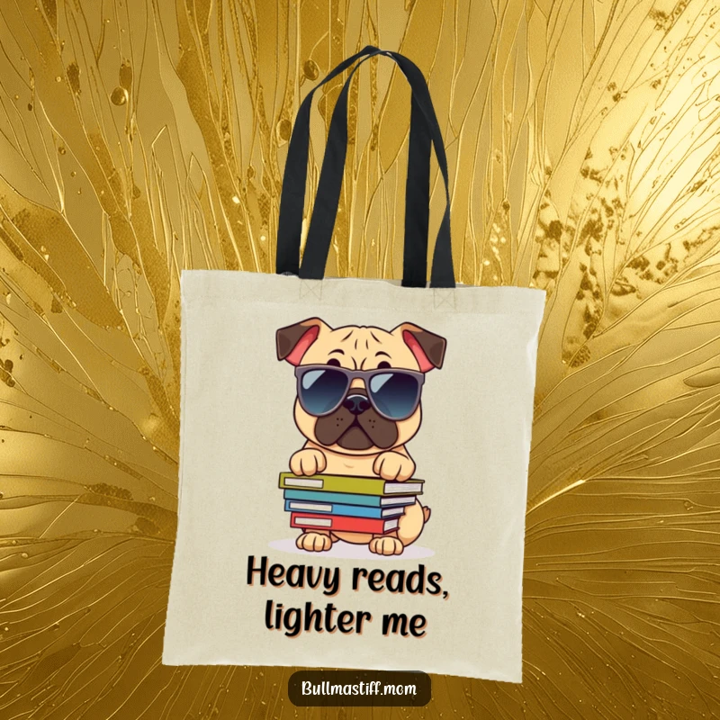 Funny Bullmastiff Tote Bag: A dog sporting sunglasses and balancing books, showcasing smarts and humor in a practical accessory.