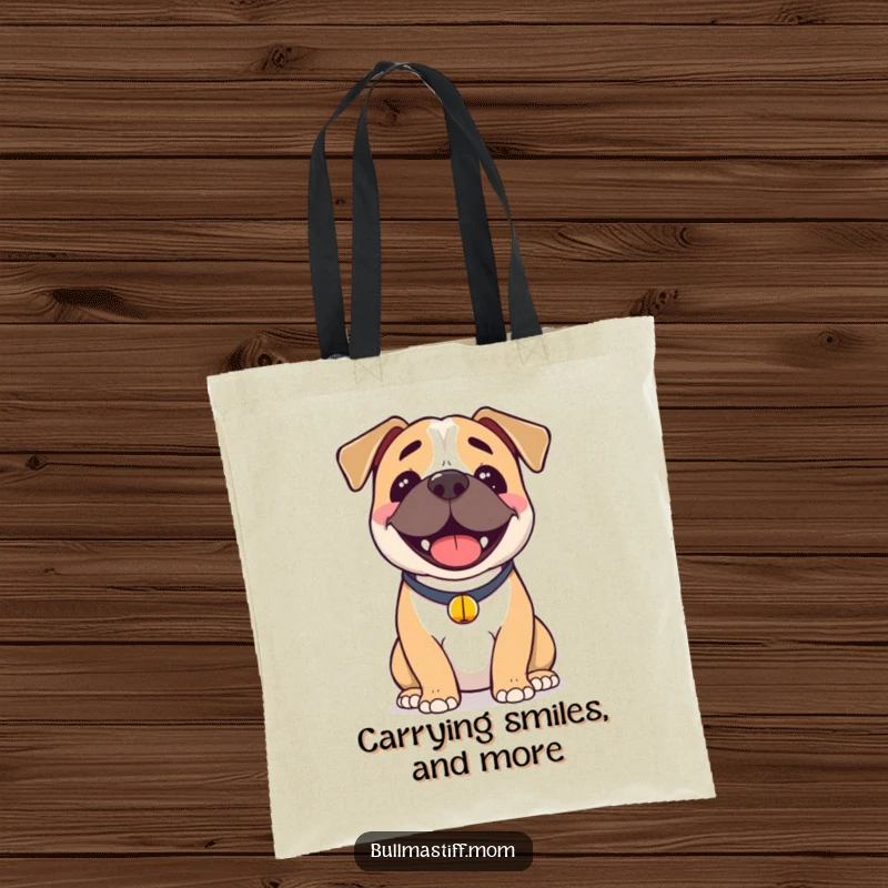 Funny Bullmastiff Tote Bag: A joyful Bullmastiff with a bell collar, radiating happiness and ready for daily adventures.