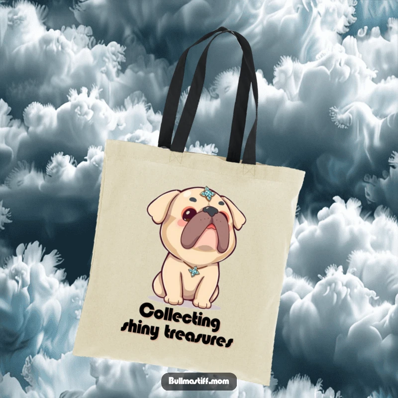 Funny Kawaii Bullmastiff Tote Bag: A super cute Bullmastiff looks up curiously at a sparkling brooch, perfect for carrying essentials with style.