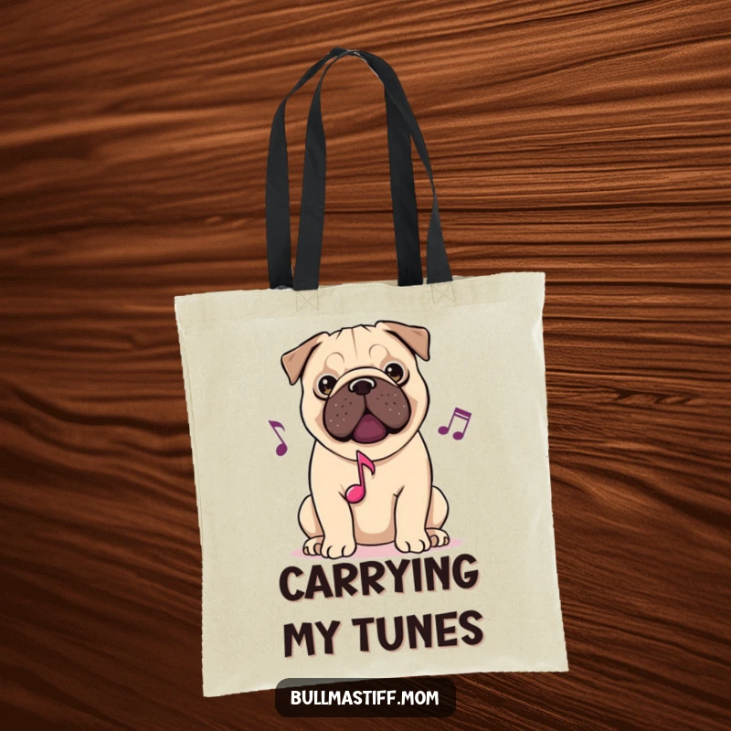 Funny tote bag with a musical Bullmastiff dog design, ideal for carrying music accessories or everyday items with a harmonious theme.