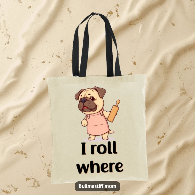 Funny Bullmastiff tote bag featuring a dog in a cute apron proudly holding a rolling pin, baking motif.