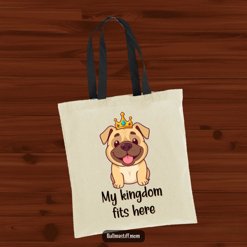 Funny Bullmastiff Tote Bag: A smiling bullmastiff wearing a crown waves royally, a majestic accessory.