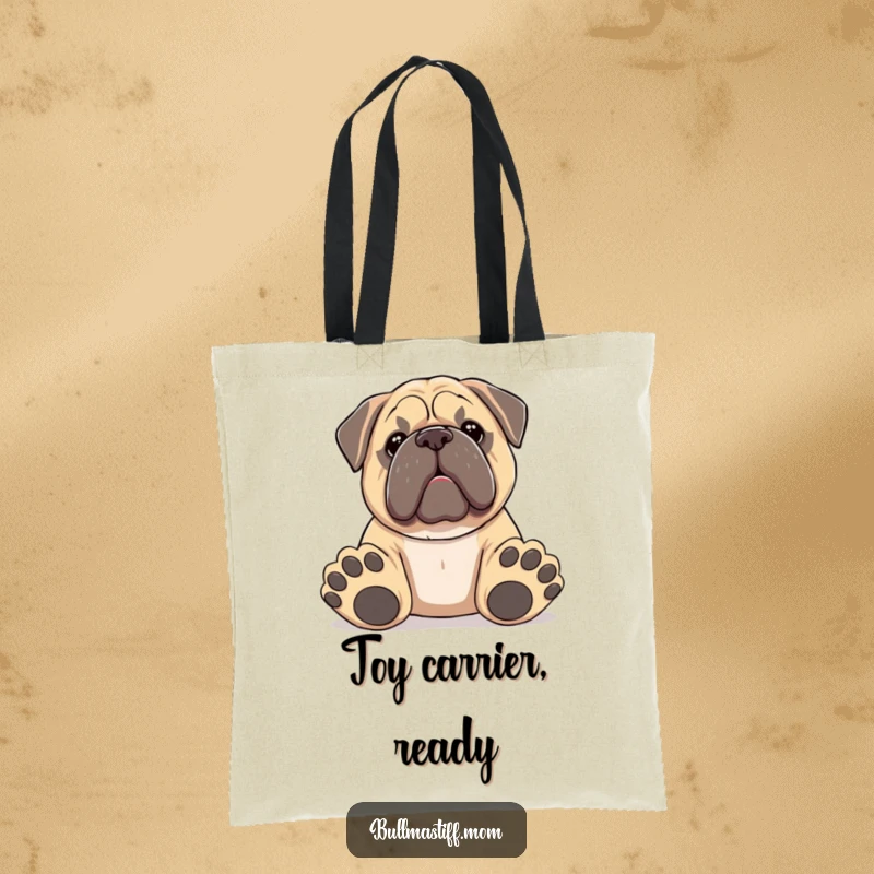 Funny Bullmastiff tote bag showing a dog with big paws offering a toy, a delightful and humorous carryall.